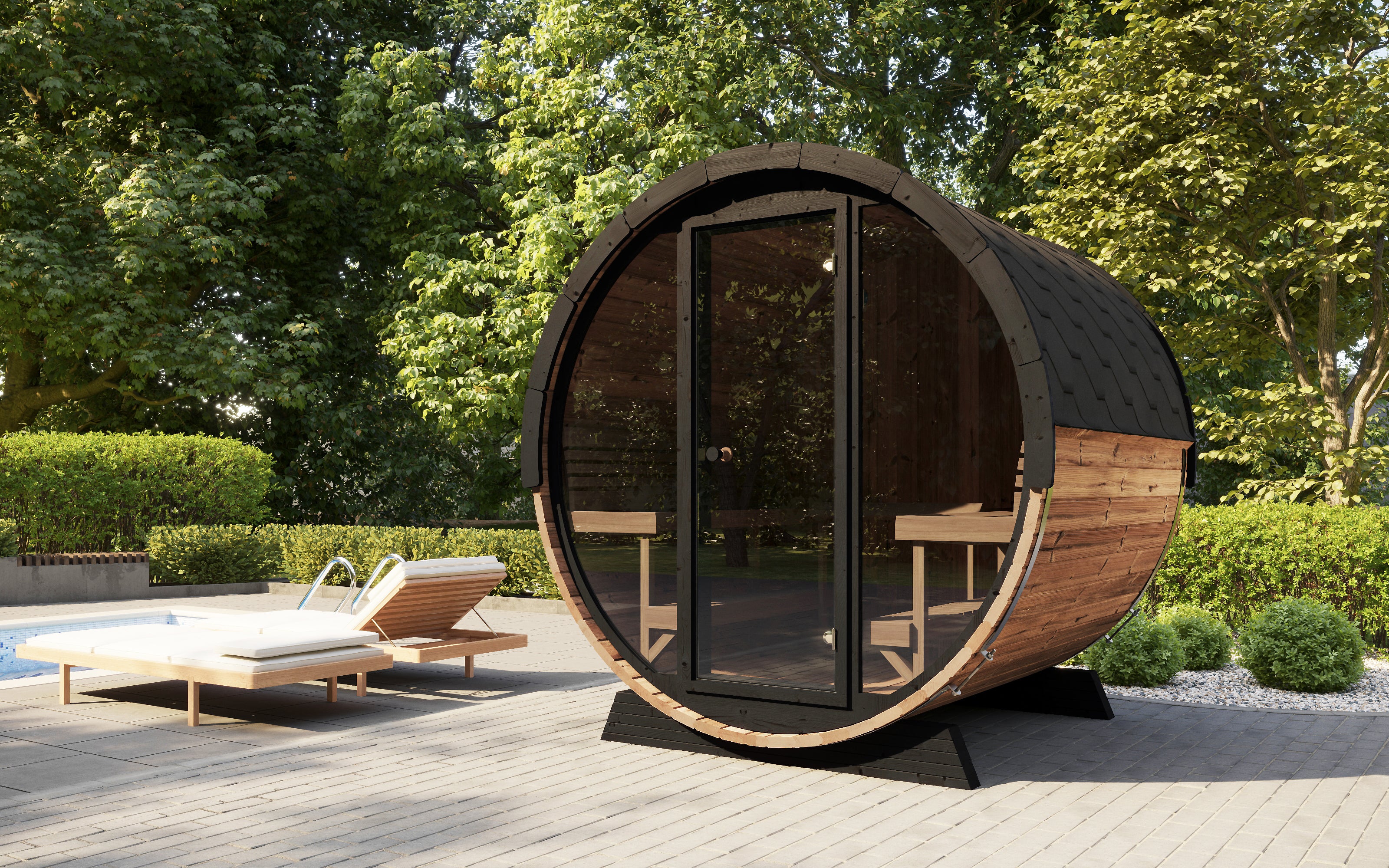 Backyard sauna with full-glass front and LED lighting