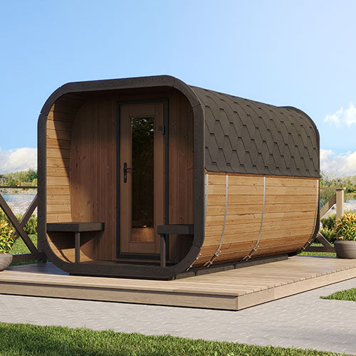 SaunaLife CL12GCP 8-Person Outdoor Cube Sauna with Dressing Room & Picture Window – Thermo-Spruce Kit