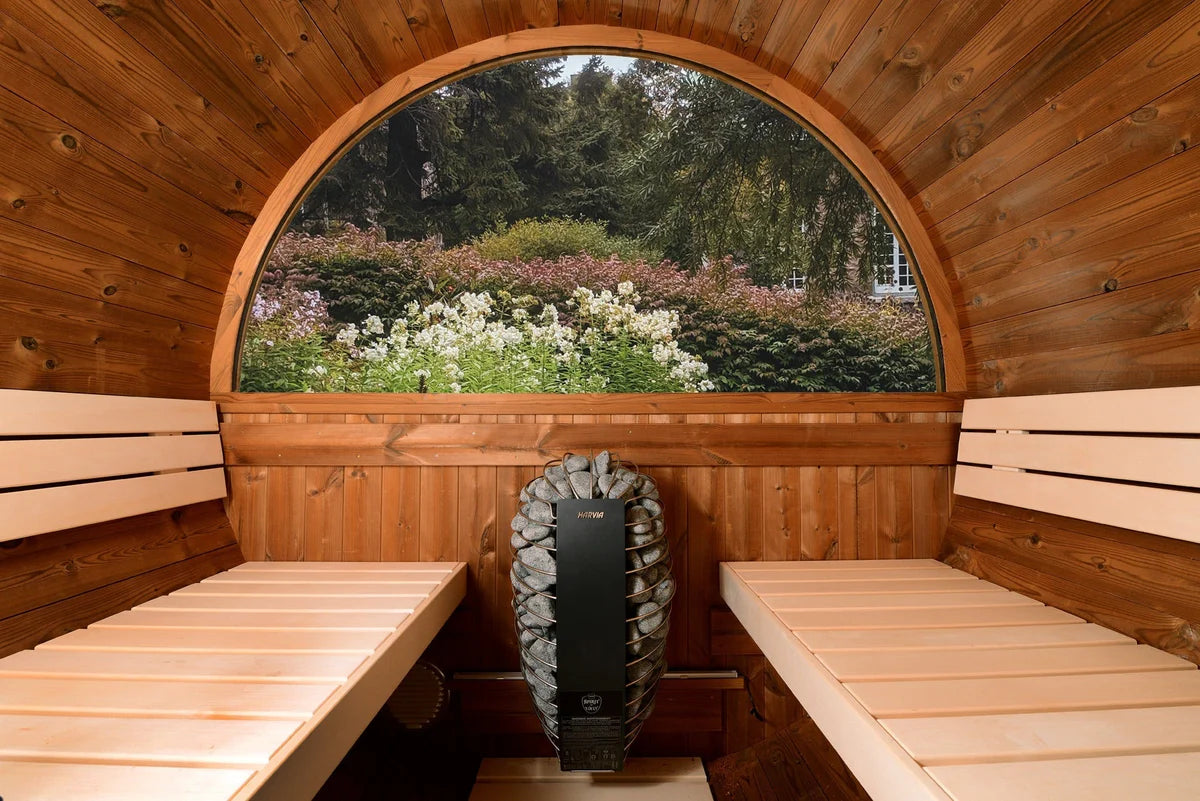 Rear half-moon window view from inside sauna
