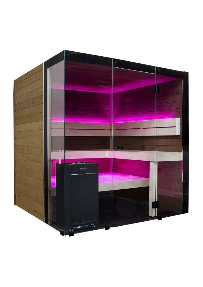 ThermaSol Block Indoor Sauna – 2 to 6 Person Modern Sauna with Virta Wi-Fi Heater & Glass Corners