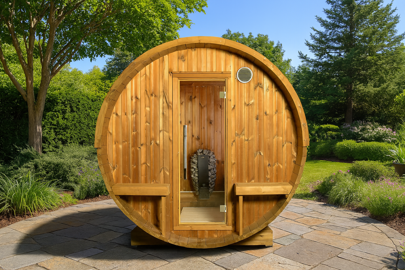 Magnus Barrel Sauna with outdoor canopy and benches