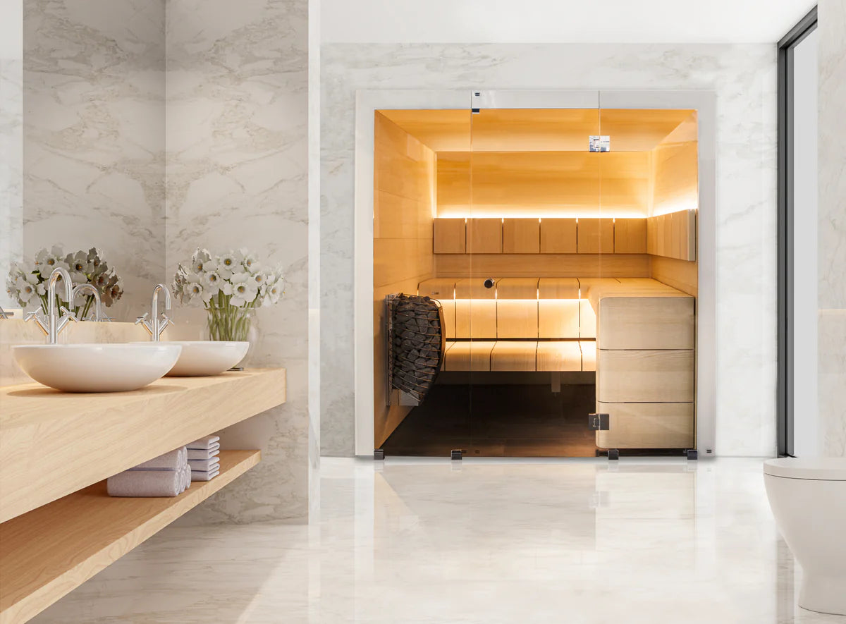 Silk-printed sauna glass panel with soft lighting