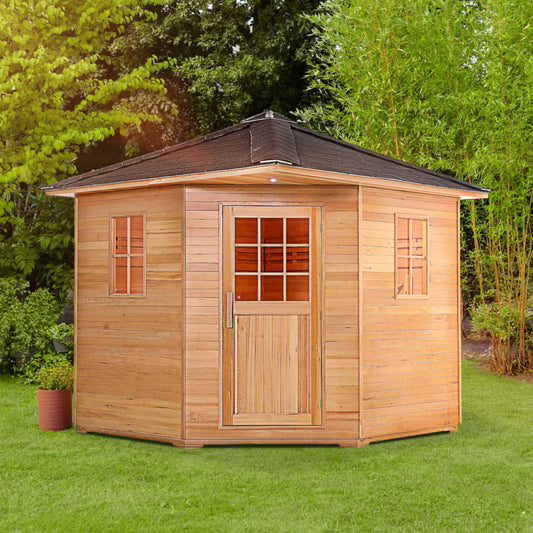Aleko-Canadian Hemlock Wet Dry Outdoor Sauna with Asphalt Roof - 8 kW UL Certified Heater - 8 Person