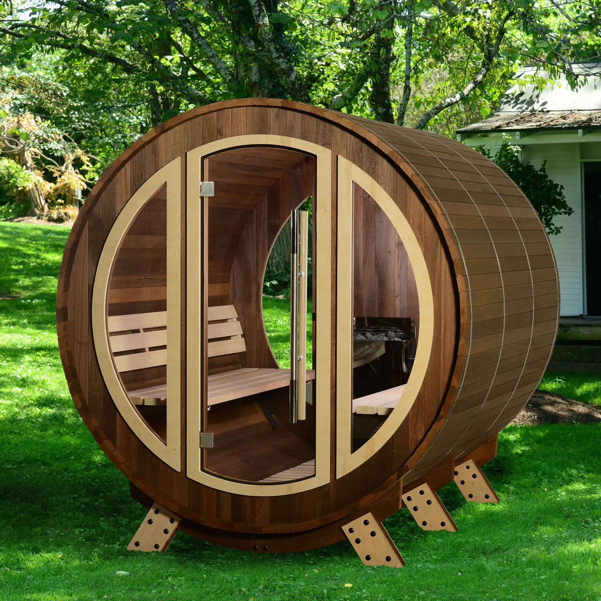 Phoenix Barrel Sauna exterior with full-glass front