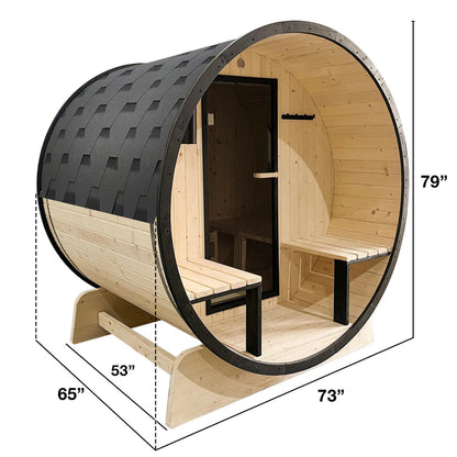 Aleko-Outdoor White Finland Pine Traditional Barrel Sauna with Black Accents & Front Porch Canopy - 3-5 Person Capacity - SB5PINECPBLK-AP