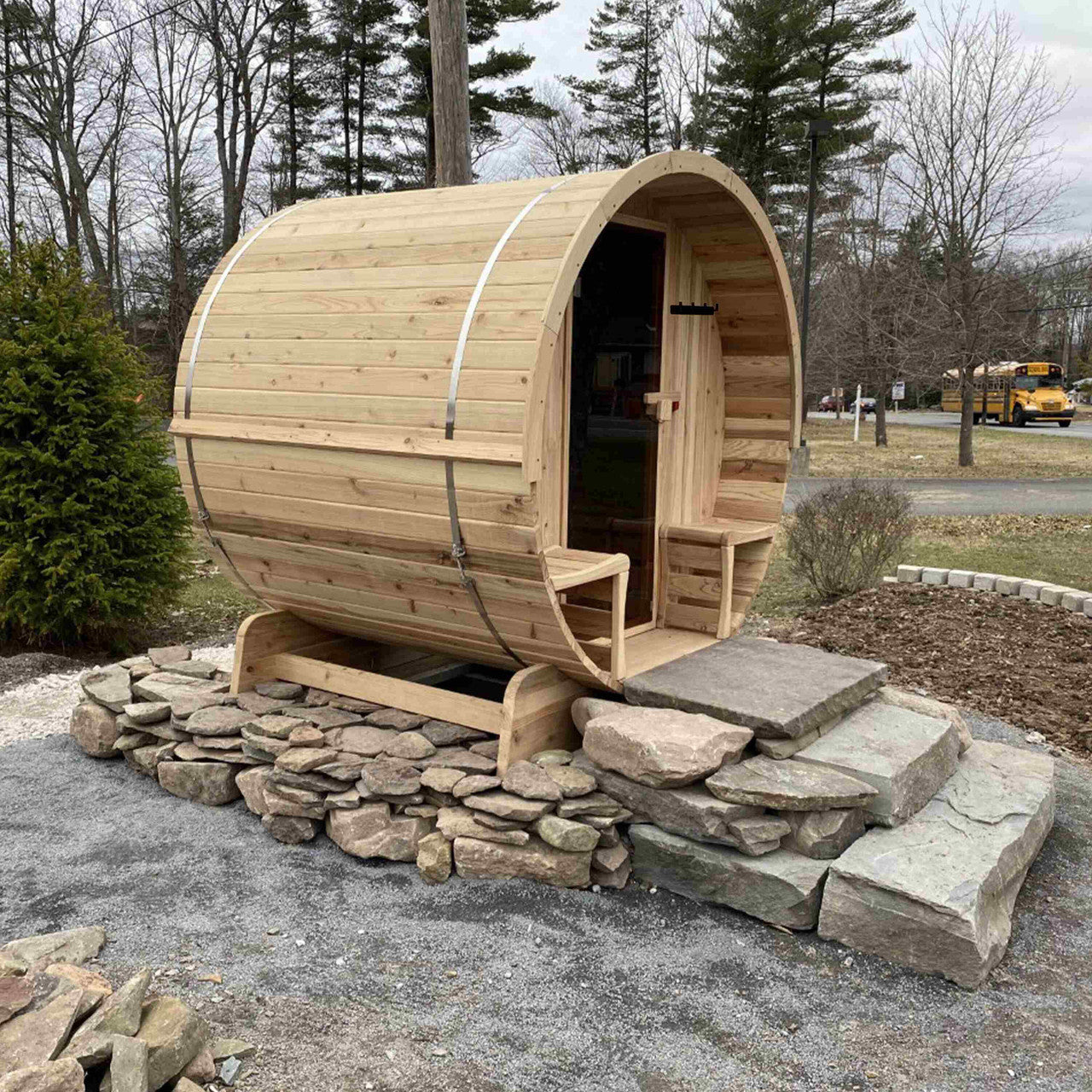 Outdoor-Indoor White Finland Pine Wet Dry Barrel Sauna - 3-5 Person - Canopy - 4.5 kW UL Certified - Bitumen Shingle Roofing - SB5PINECP-AP - Prime Spot Saunas