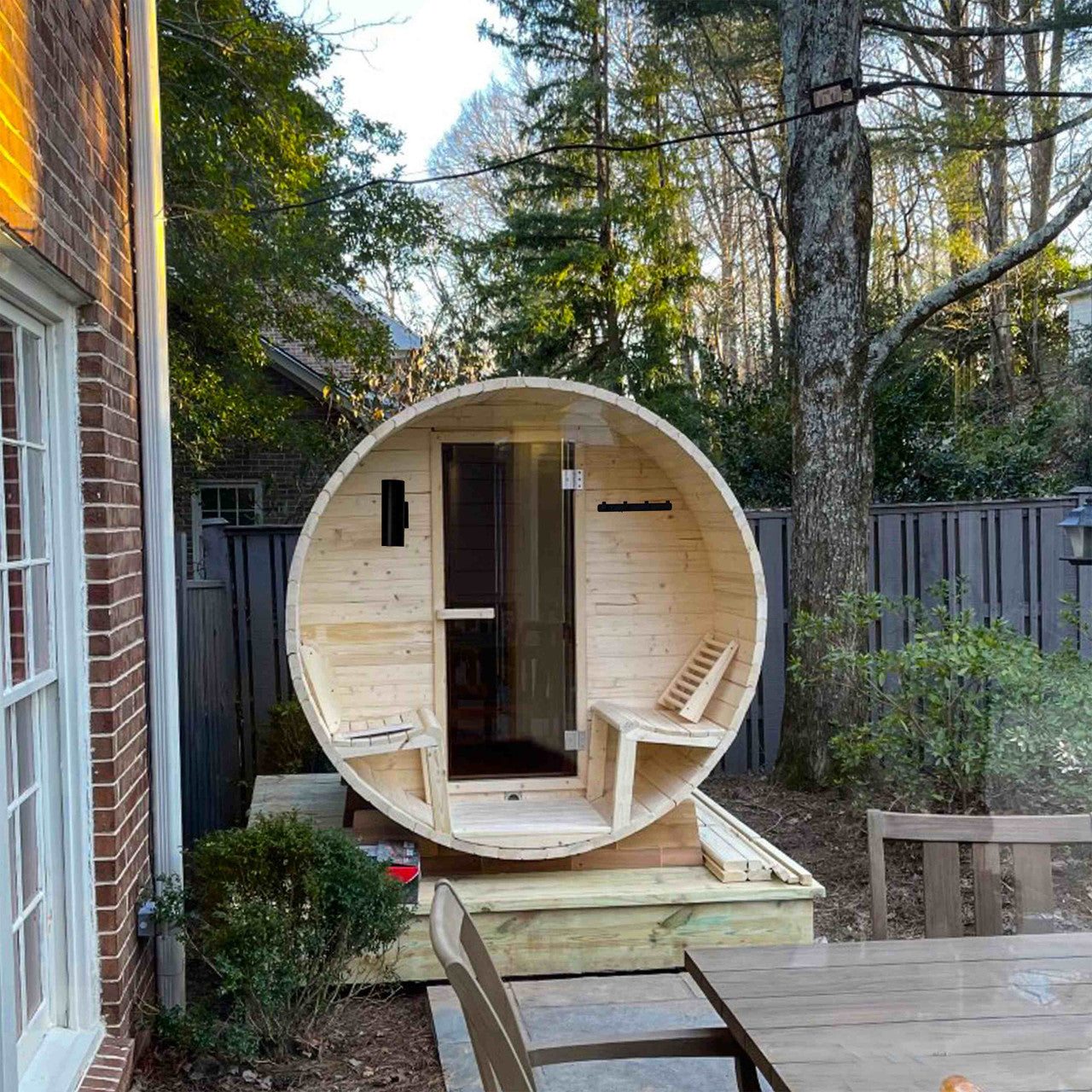Outdoor-Indoor White Finland Pine Wet Dry Barrel Sauna - 3-5 Person - Canopy - 4.5 kW UL Certified - Bitumen Shingle Roofing - SB5PINECP-AP - Prime Spot Saunas