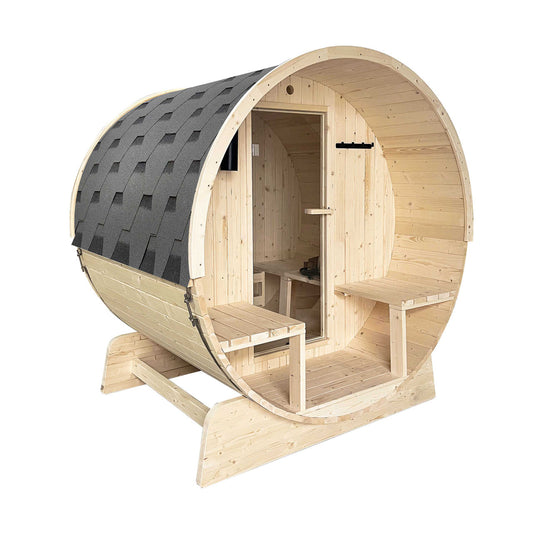 Aleko Outdoor or Indoor White Finland Pine Wet Dry Barrel Sauna - 3-5 Person - Front Porch Canopy - 4.5 kW UL Certified - Bitumen Shingle Roofing - SB5PINECP-AP