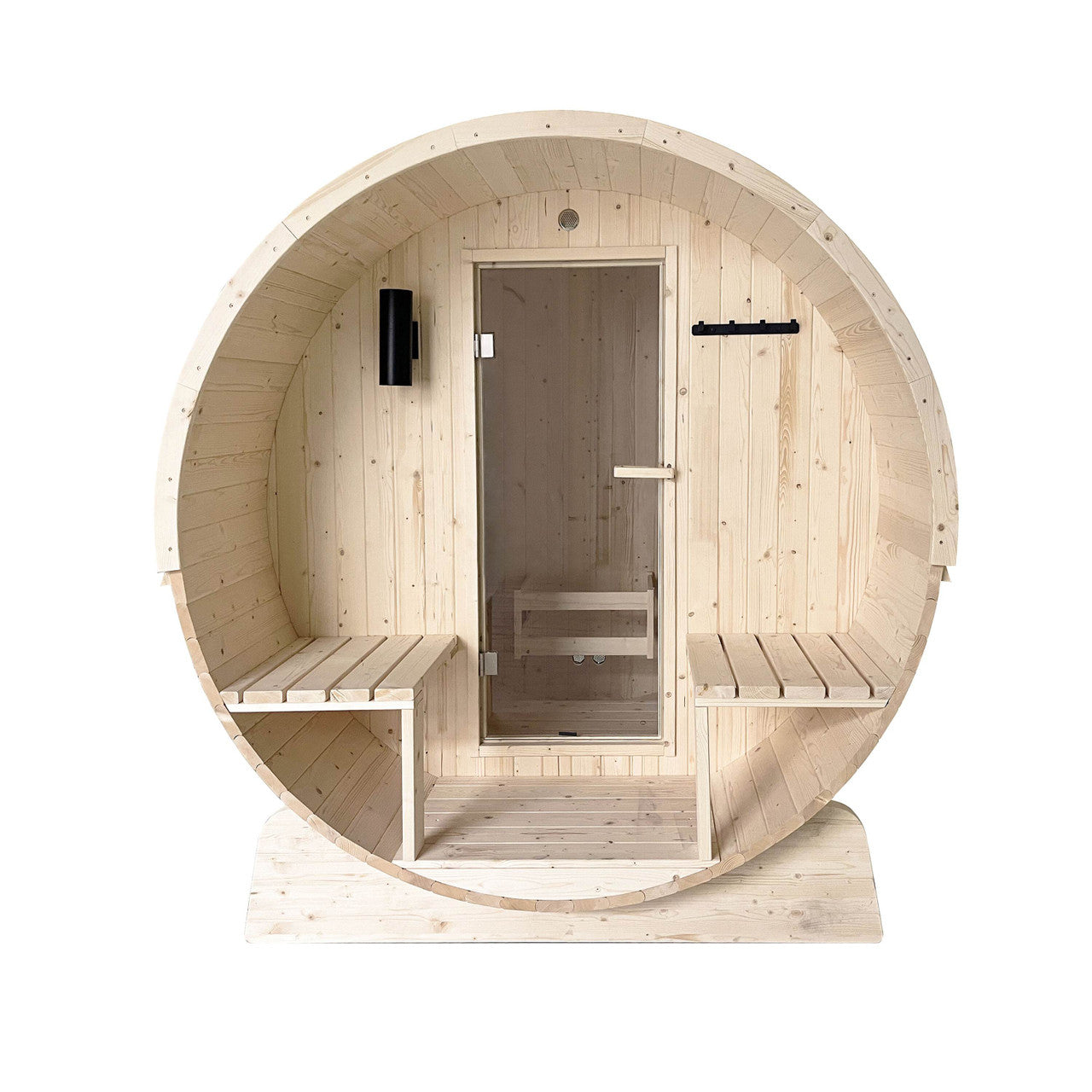 Outdoor-Indoor White Finland Pine Wet Dry Barrel Sauna - 3-5 Person - Canopy - 4.5 kW UL Certified - Bitumen Shingle Roofing - SB5PINECP-AP - Prime Spot Saunas