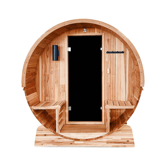 Aleko-Outdoor Rustic Cedar Barrel Steam Sauna - Front Porch Canopy - UL Certified - 5-6 Person