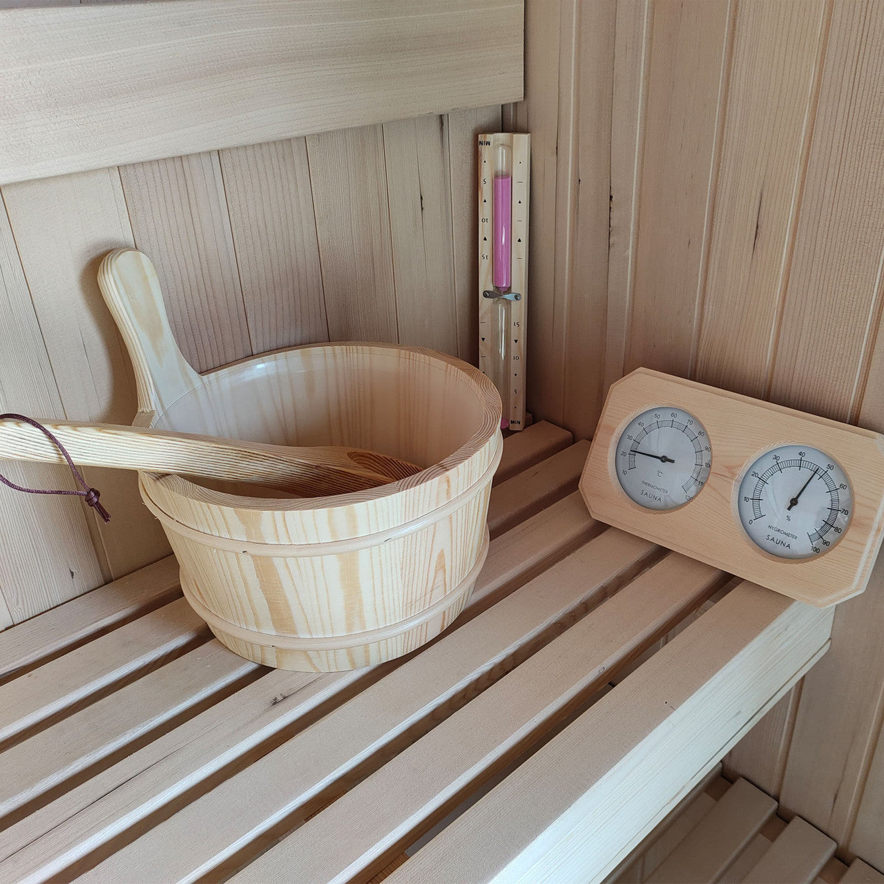 Outdoor-Indoor White Finland Pine Wet Dry Barrel Sauna - 3-5 Person - Canopy - 4.5 kW UL Certified - Bitumen Shingle Roofing - SB5PINECP-AP - Prime Spot Saunas