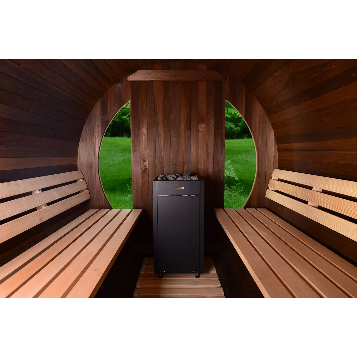 Interior view with floating benches and Hemlock wood