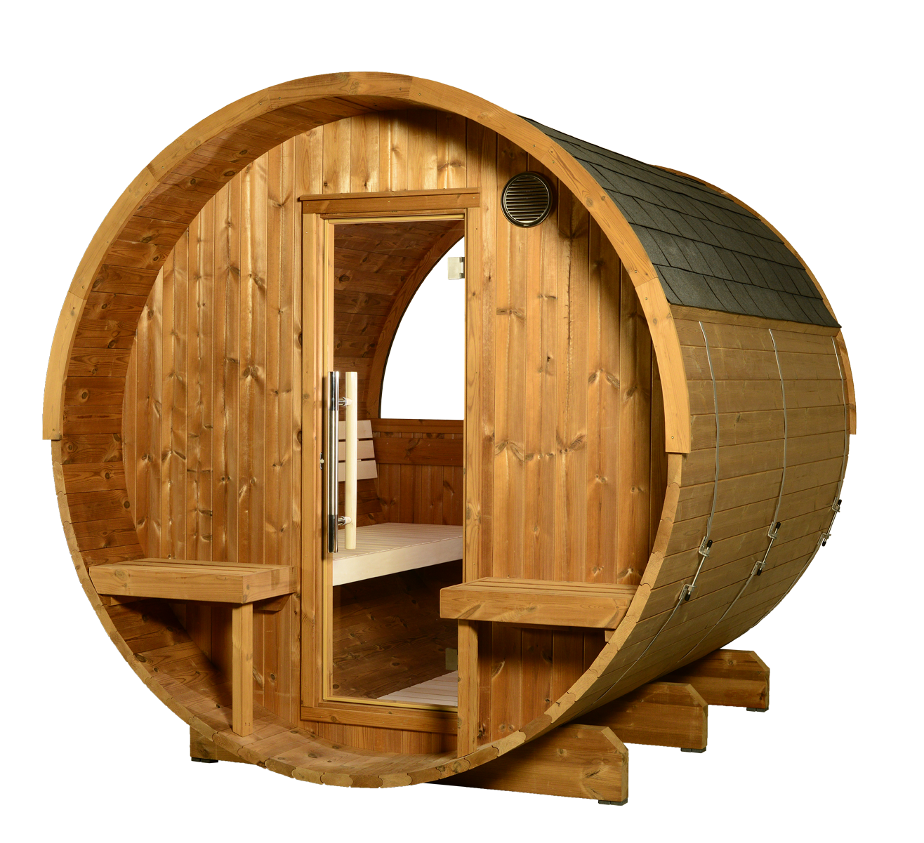 Evander Barrel Sauna with canopy and outdoor benches