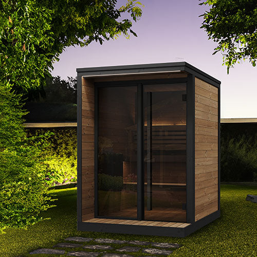 SaunaLife GL4 modern outdoor sauna with full-glass front and porch
